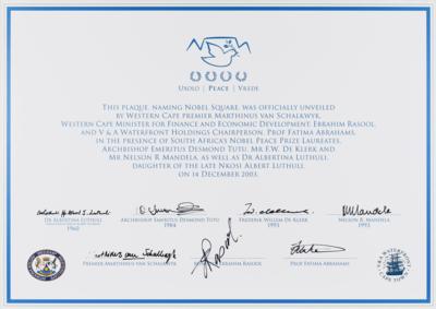 Lot #202 Nelson Mandela, Desmond Tutu, and Frederik Willem de Klerk Signed 2003 Nobel Square Dedication Plaque - Image 1