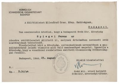 Lot #203 Raoul Wallenberg Document Signed (1944) -