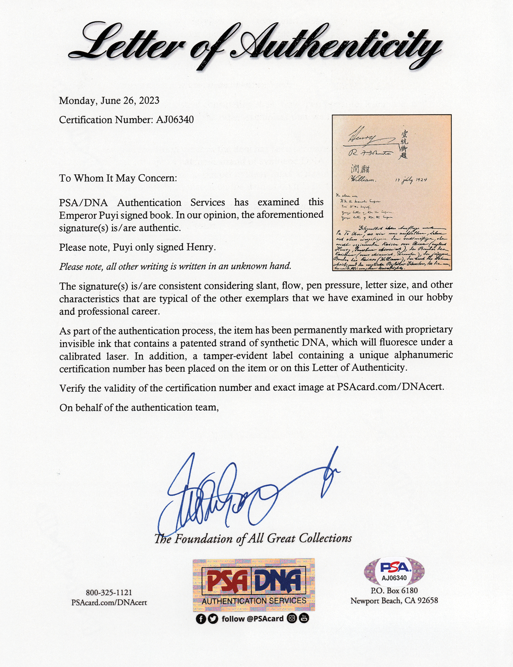 Lot #173 Emperor Puyi Signature (1924) with Tagore, Hedin, and Other - Image 5