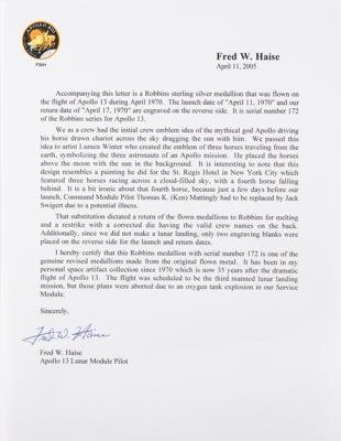 Lot #361 Fred Haise's Apollo 13 Flown Robbins Medallion: Silver medal carried around the moon during Apollo 13, flight-certified by the mission LMP - Image 3