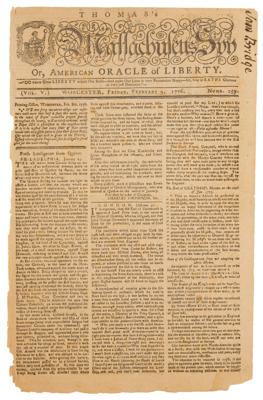Lot #81 Paul Revere: Massachusetts Spy or, American Oracle of Liberty (February 9, 1776): 1776 reportage from London, under a Paul Revere masthead: 