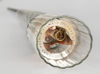 Lot #4027 Salt Lake City 2002 Winter Olympics Torch with Display Stand and Relay Uniform - Image 3