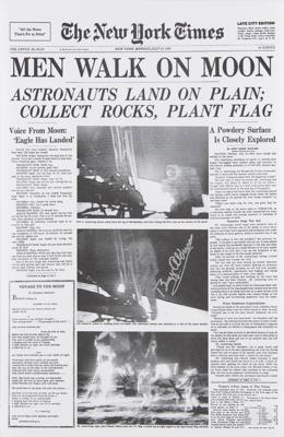 Lot #293 Buzz Aldrin Signed Printed Newspaper Front Page - Image 1