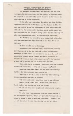 Lot #511 Monterey Pop Festival Original Press Handout - From the Collection of Ralph J. Gleason - Image 1