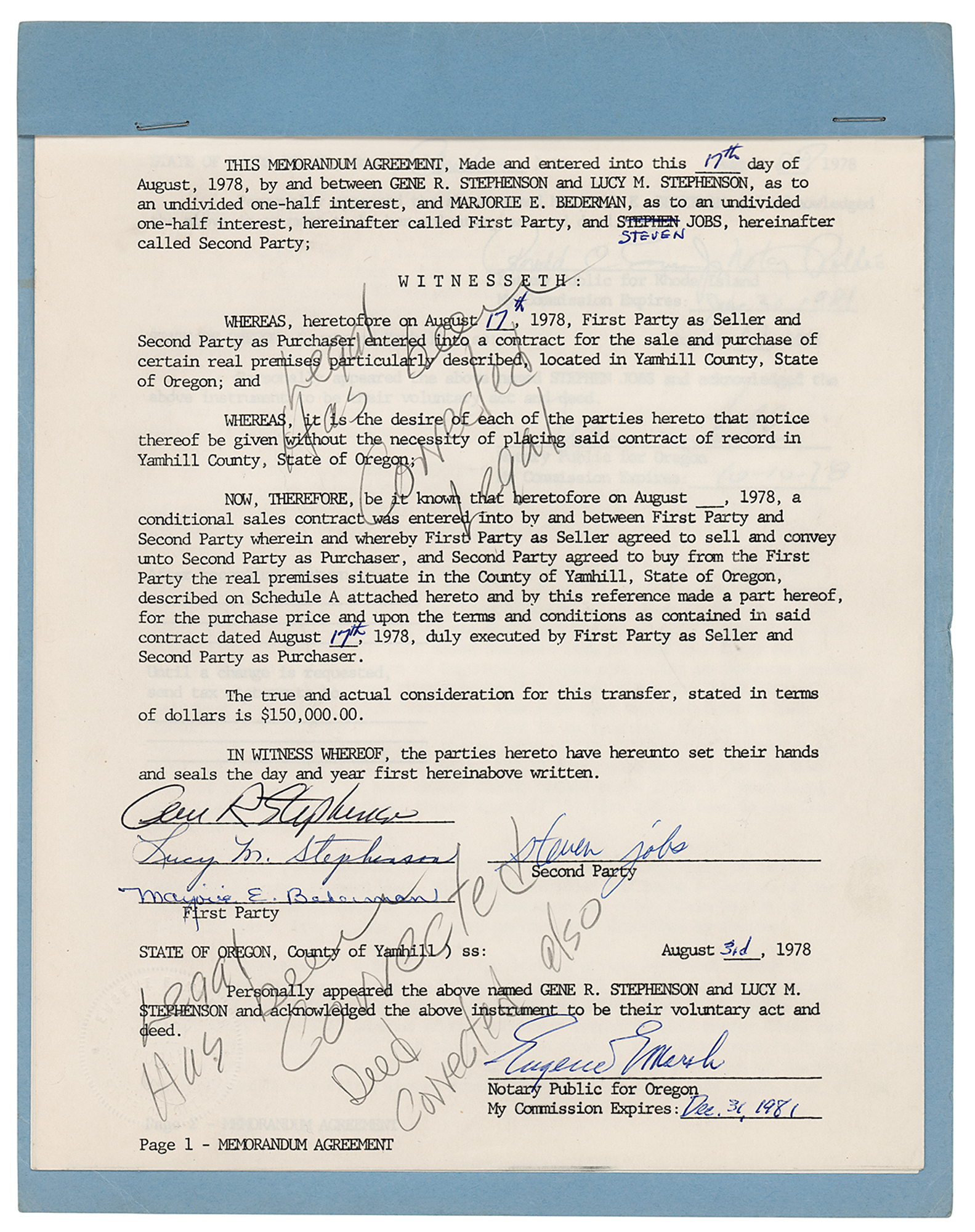 Lot #5080 Steve Jobs Signed Real Estate Document for Yamhill Country, Oregon (Home to Original 'Apple' Orchard) - Image 1