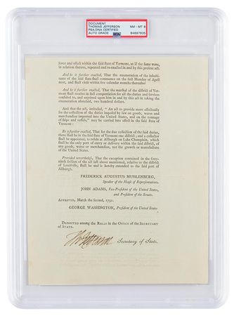 Lot #6 Thomas Jefferson Document Signed as Secretary of State on Vermont's Entry into Union - Image 1