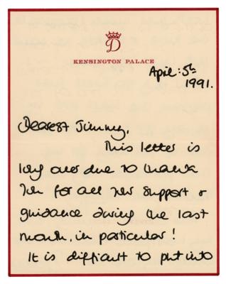 Lot #128 Princess Diana Autograph Letter Signed to Jimmy Savile - Image 1