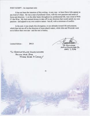 Lot #159 Apple: Ronald Wayne Signed Limited Edition Typed Manuscript - Image 1