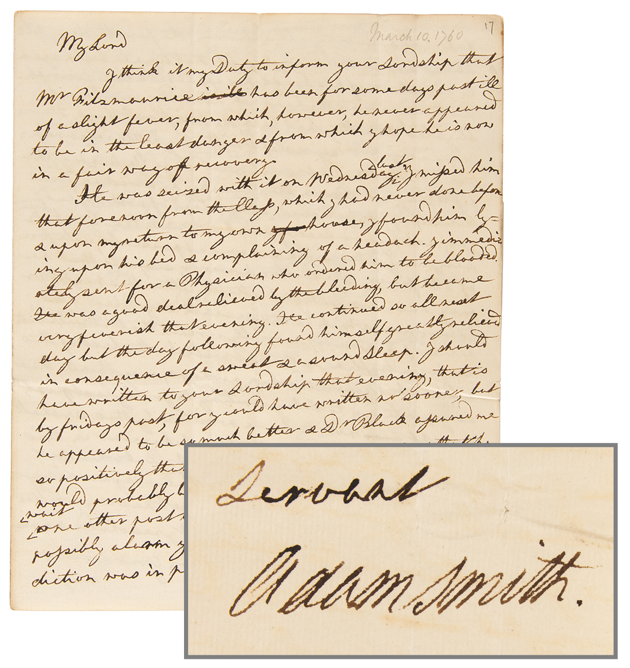 Lot #157 Adam Smith Autograph Letter Signed on a Student's Sickness - One Year After Publishing The Theory of Moral Sentiments - Image 1