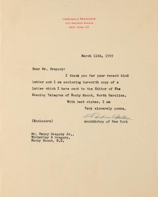 Lot #187 Cardinal Cushing and Cardinal Spellman (5) Signed Items with an Archbishop Zucchetto - Image 3