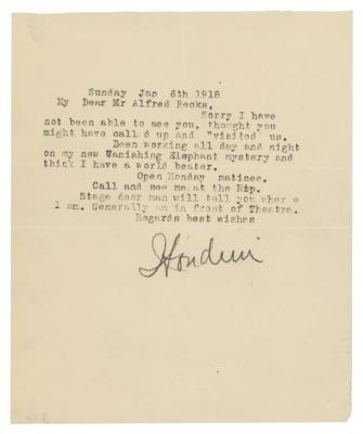 Lot #822 Harry Houdini Typed Letter Signed on Vanishing Elephant Trick - Image 1