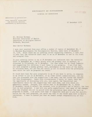 Lot #154 Jonas Salk Typed Letter Signed on Polio Vaccine and Efforts 