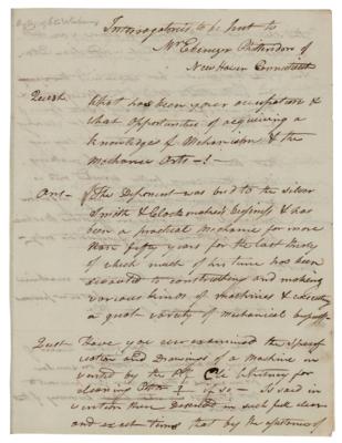 Lot #155 Eli Whitney Third-Person Autograph Manuscript Signed on Cotton Gin Patent Lawsuit - Image 1