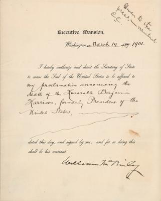 Lot #76 Six Months Before His Own Death, President William McKinley Announces the Passing of Benjamin Harrison, 