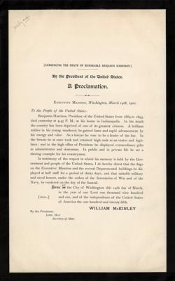 Lot #76 Six Months Before His Own Death, President William McKinley Announces the Passing of Benjamin Harrison, 