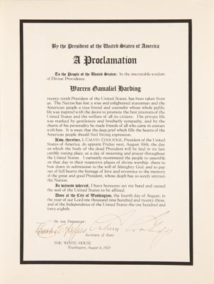 Lot #26 Calvin Coolidge Signed Broadside as President on Death of Warren G. Harding: 