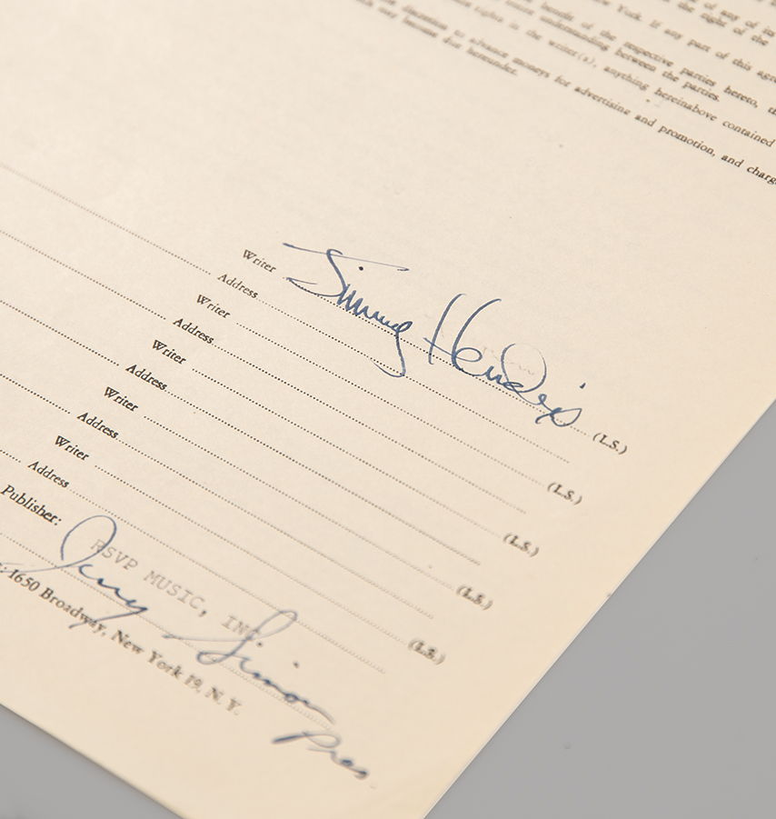 Lot #600 Jimi Hendrix Very Early 1966 Music Contract for 'I Aint Taking Care of No Business' ? Signed as 'Jimmy Hendrix' - Image 1