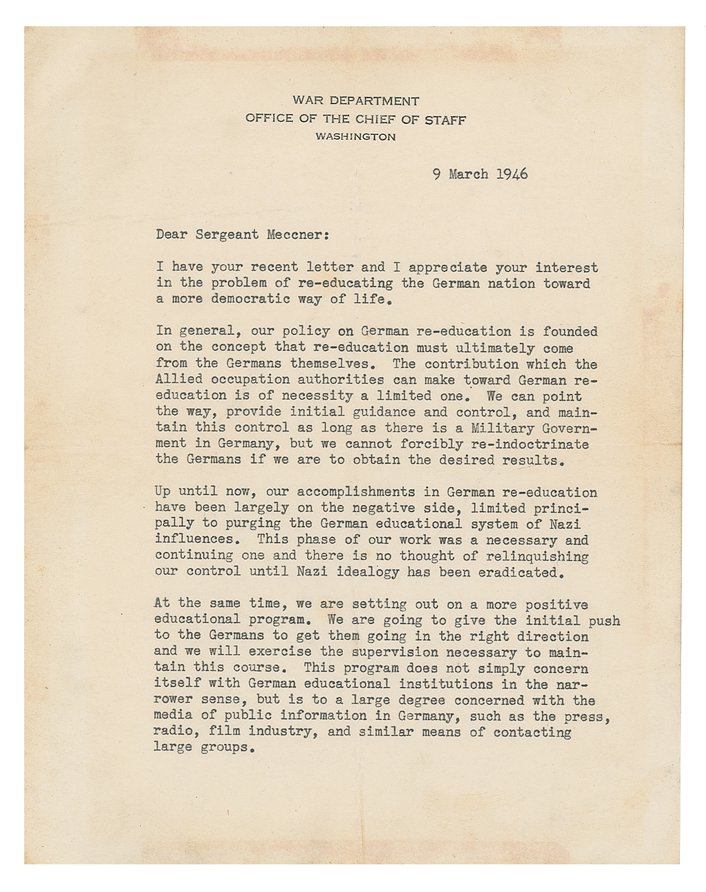 Lot #28 Dwight D. Eisenhower Typed Letter Signed on Re-Educating Postwar Germany: 