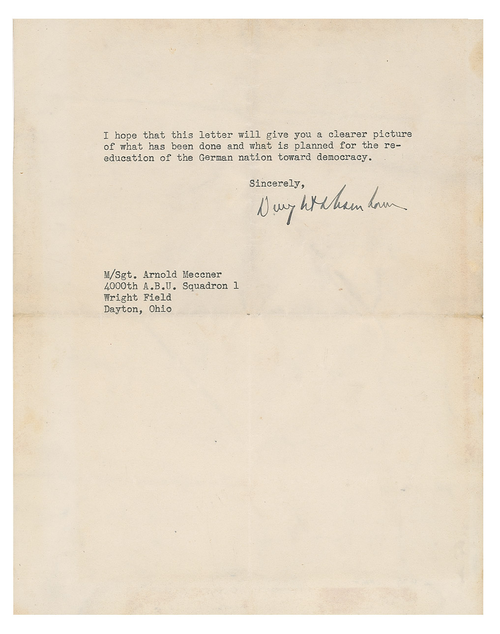 Lot #28 Dwight D. Eisenhower Typed Letter Signed on Re-Educating Postwar Germany: 