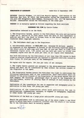 Lot #941 Star Wars: Carrie Fisher Signed Publishing Contract for 'Surrender the Pink' - Image 1