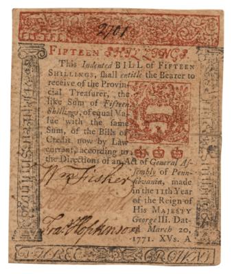 Lot #221 Francis Hopkinson Signed Currency - Image 1