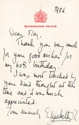 Lot #135 Queen Elizabeth II Signed Printed Form Letter on Her 60th Birthday - Image 1