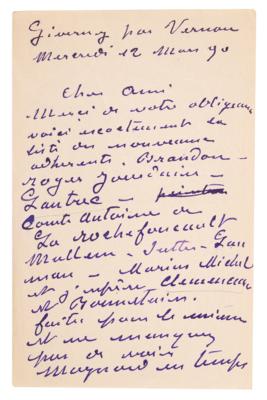 Lot #460 Claude Monet Autograph Letter Signed to a French Art Critic and Champion of the Impressionist Movement - Image 1