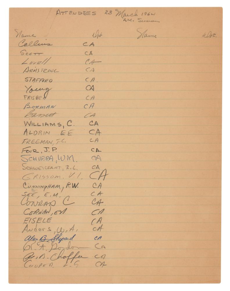Lot 7220 NASA Astronauts (24) Gemini Computer Training Session Sign-In Sheet