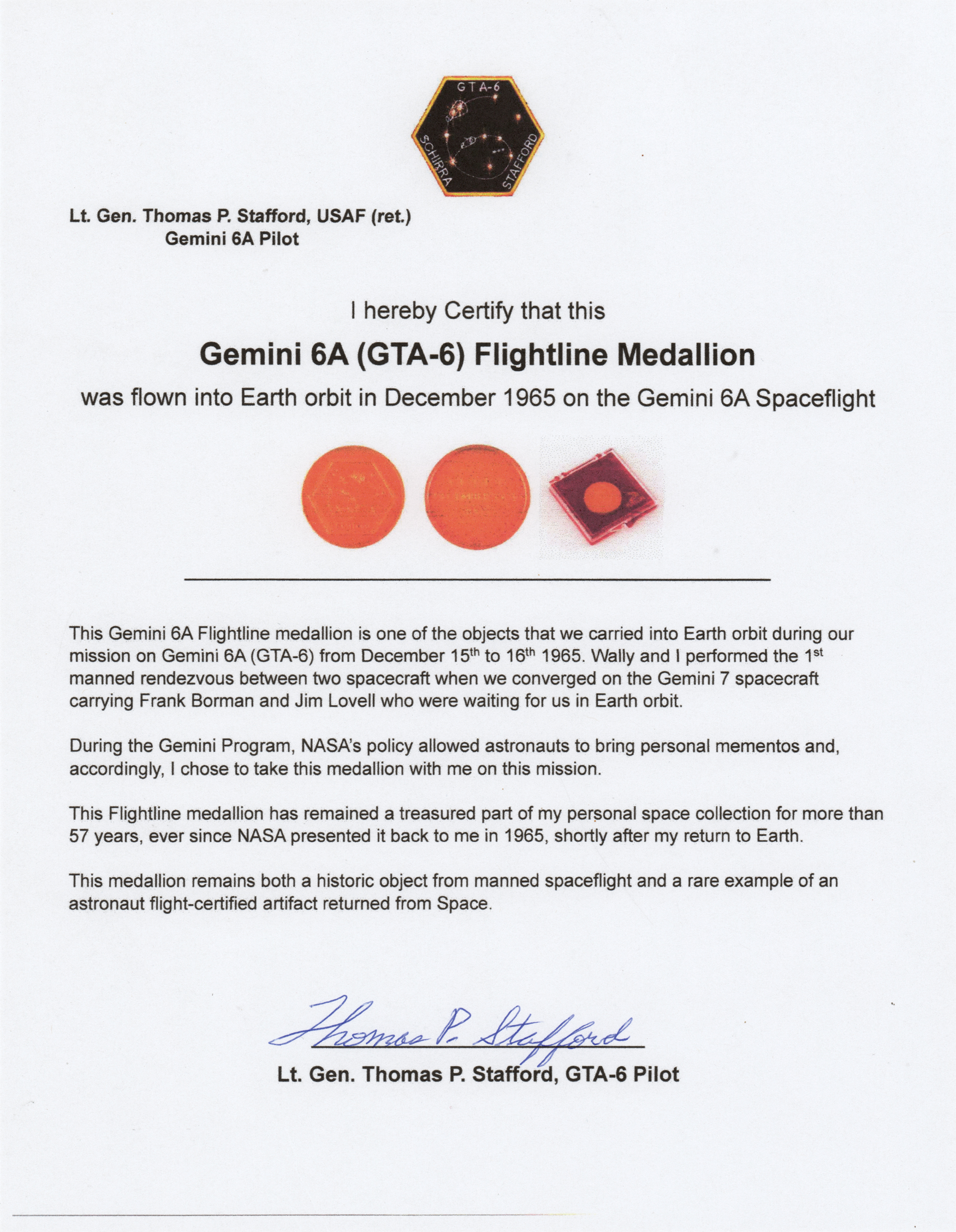 Lot #7030 Gemini 6 Flown Gold-Plated Flightline Medallion - From the Personal Collection of Tom Stafford - Image 4