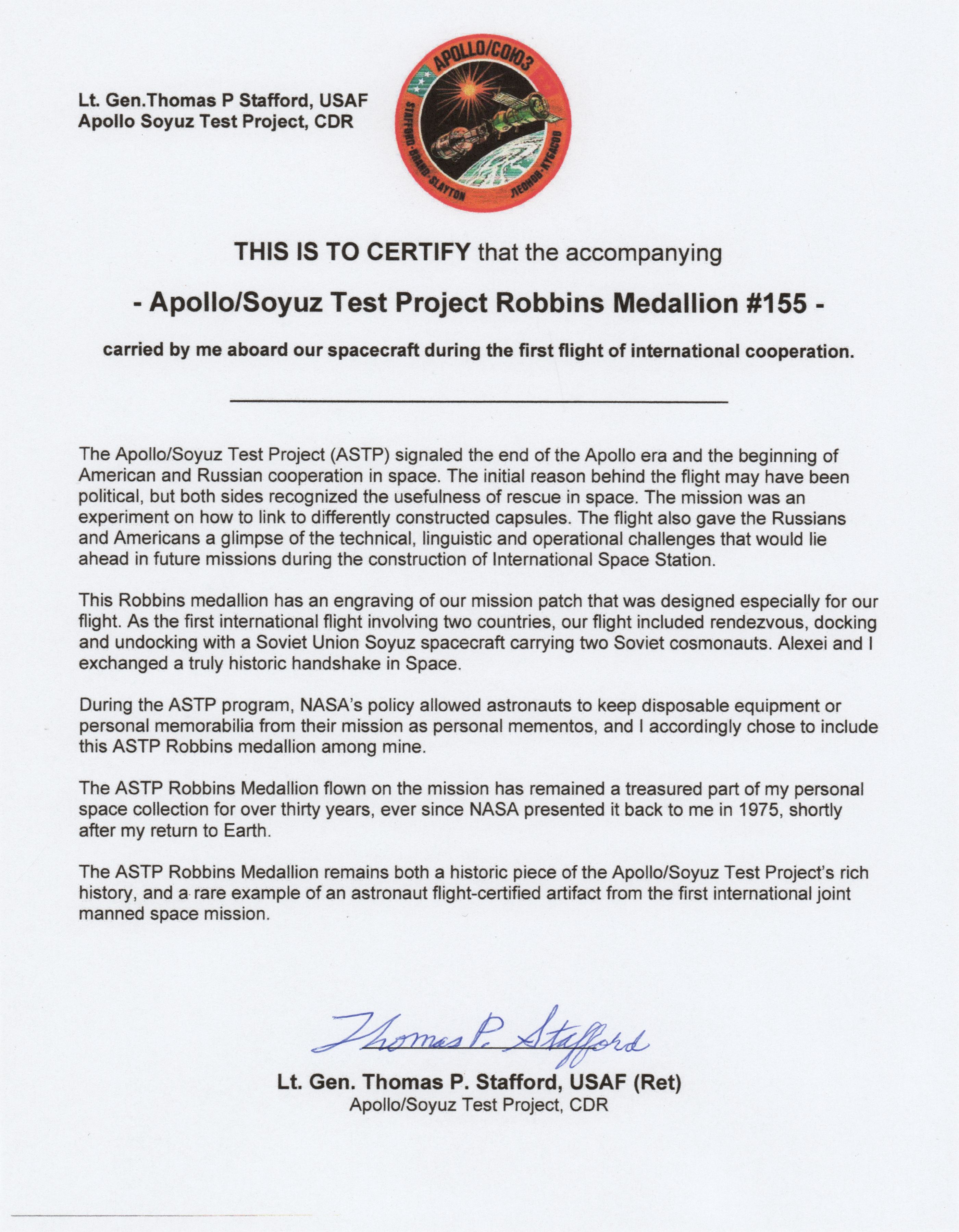 Lot #7287 Apollo-Soyuz Robbins Medallion - From the Personal Collection of Tom Stafford - Image 7