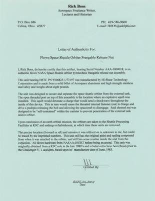 Lot #7316 Space Shuttle Flown Release Nut [Attested by Rick Boos] - Image 4