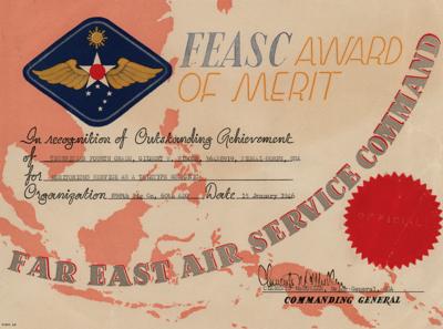 Lot #313 WWII: Far East Air Service Command Award of Merit and Photographs Award - Image 1