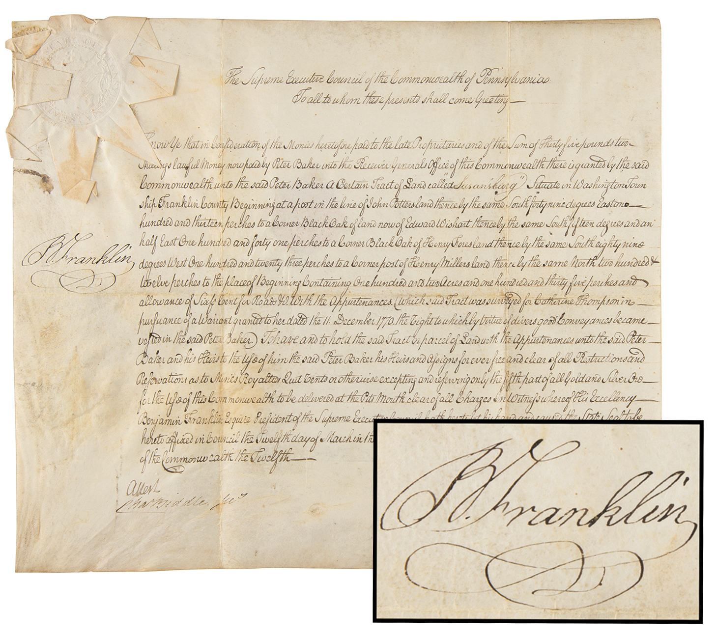 Lot #154 Benjamin Franklin Signed Land Grant as President of Pennsylvania's Supreme Executive Council (1788) - Image 1