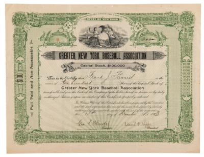 Lot #666 Greater New York Baseball 1903 Stock Certificate Signed by Frank J. Farrell, the First Yankees Owner, Dated to the Year the Team was Founded - Image 1