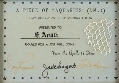 Lot #333 Apollo 13 Flown Lunar Module Netting with Crew-Signed Certificate - Image 1