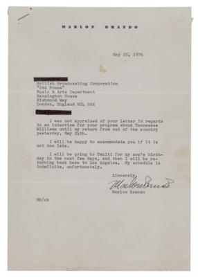 Lot #557 Marlon Brando Typed Letter Signed, Regarding an Interview About Tennessee Williams - Image 1