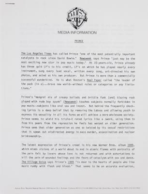 Lot #9266 Prince 1999 Warner Bros. Press Release - Image 1