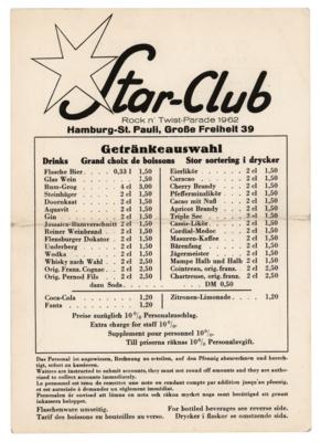 Lot #9026 Beatles 1962 Hamburg Star-Club Rock n? Twist Parade Drinks Menu (Germany) - Image 1