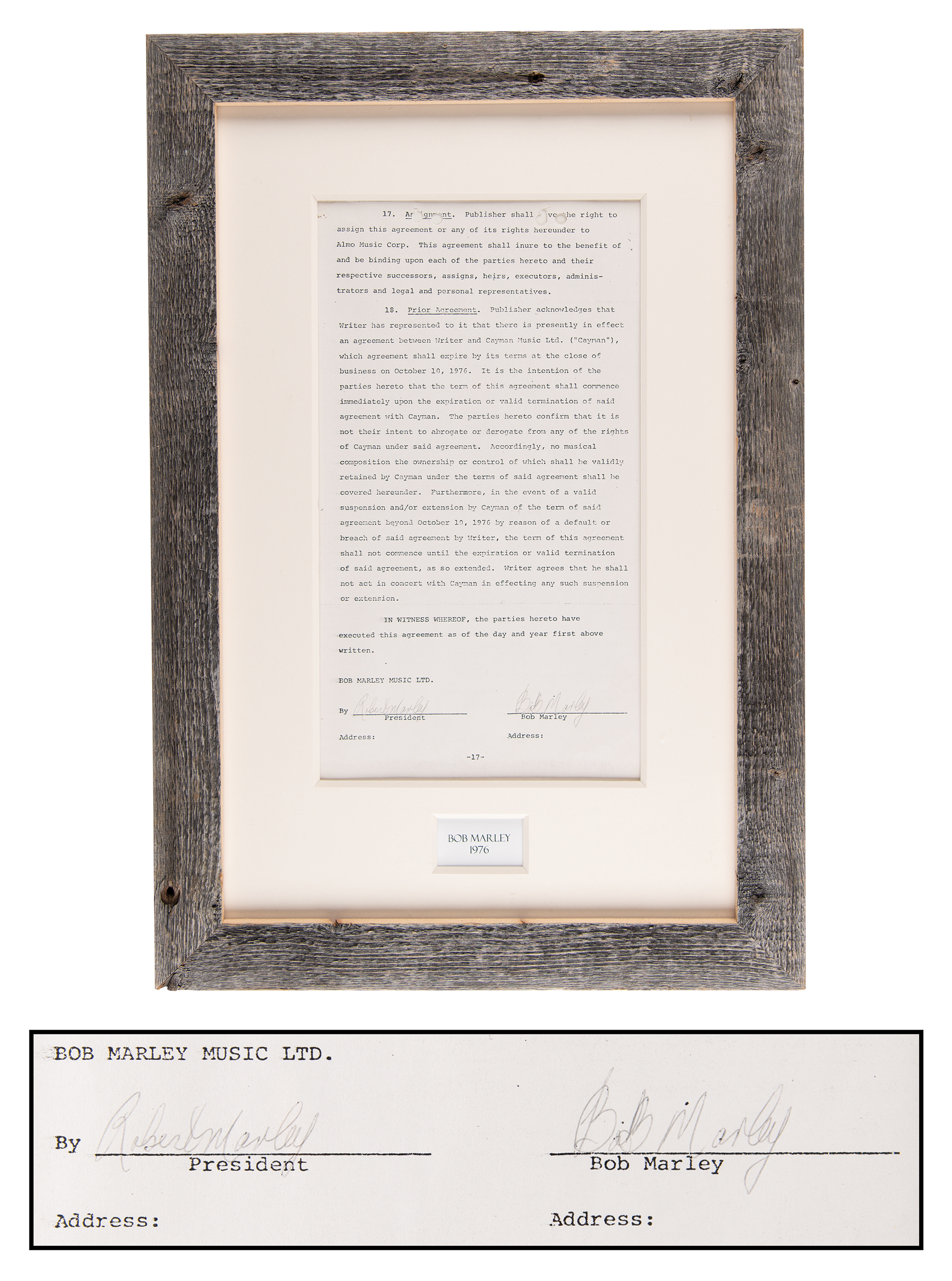 Lot #9155 Bob Marley Twice-Signed Music Contract, with Rare 