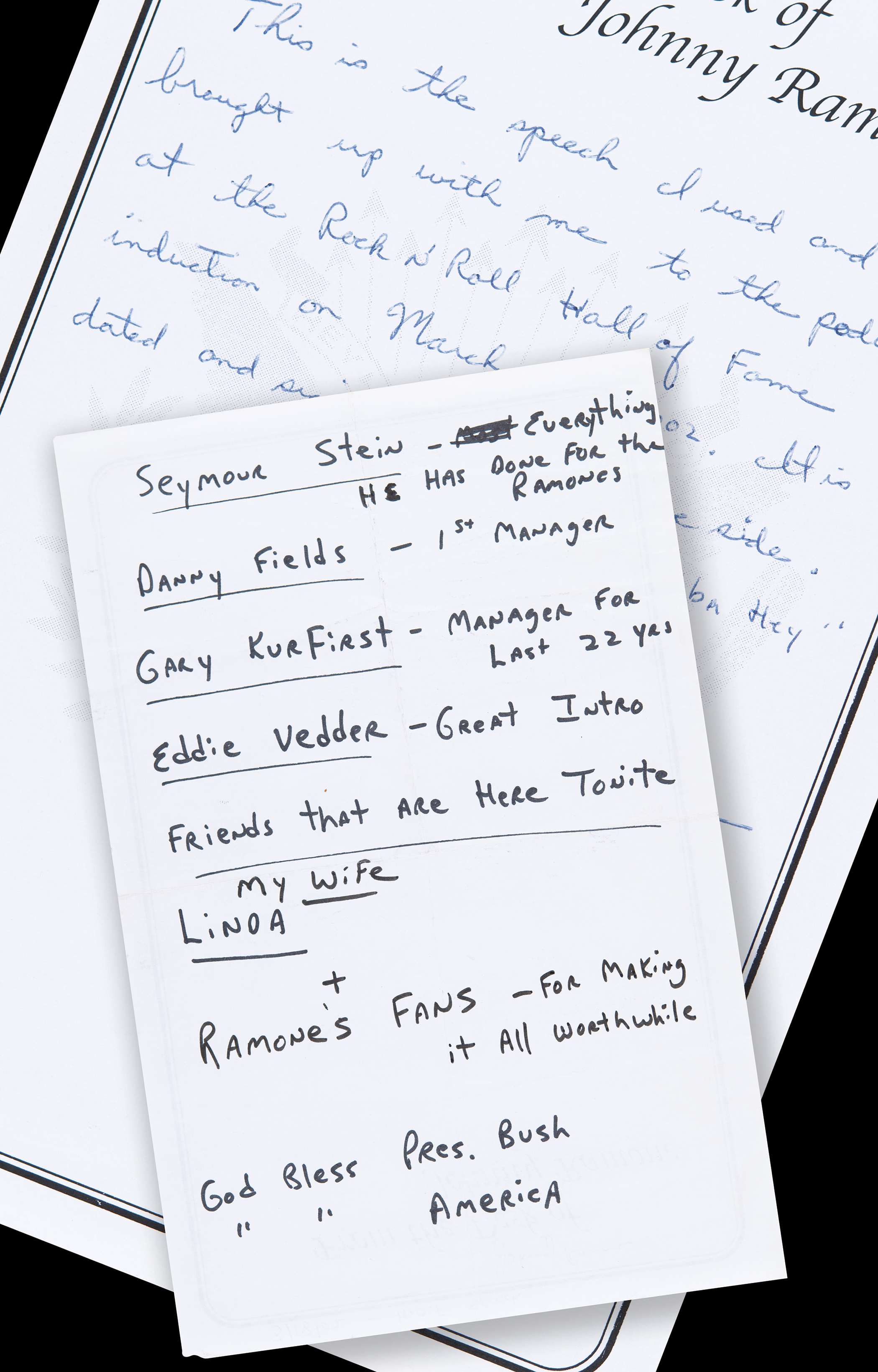 Lot #9170 Johnny Ramone's Handwritten Podium Speech from the 2002 Rock and Roll Hall of Fame Induction Ceremony - Image 1