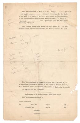 Lot #107 Titanic: Lawsuit Document by Widow Whose Husband Perished ?upon the Defendants? Steamship ?Titanic?? - Image 2