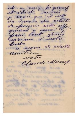 Lot #303 Claude Monet Autograph Letter Signed to Camille Pissarro on Manet's 'Olympia' - Image 3