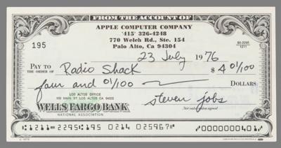 Lot #99 Steve Jobs Signed 'Apple Computer Company' Check to RadioShack (July 23, 1976) - Image 1