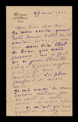 Lot #304 Claude Monet Autograph Letter Signed on Death of His Wife: 