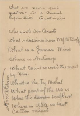 Lot #552 Thomas Edison Autograph 'Pop Quiz' Job Applicant Questionnaire Signed - Image 1