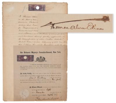 Lot #551 Thomas Edison Document Signed for Light Bulb Patent: 