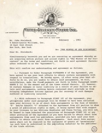 Lot #6145 John Steinbeck Signed Contract and Typed Letter Signed for 'The Winter of Our Discontent' - Image 4
