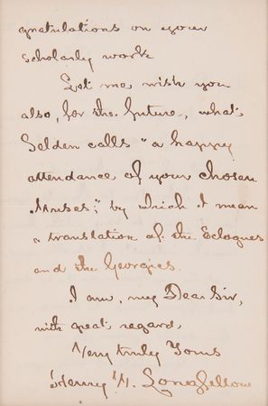 Lot #6192 Henry Wadsworth Longfellow Autograph Letter Signed, Sending Thanks for a Copy of 'The Aeneid' - Image 3
