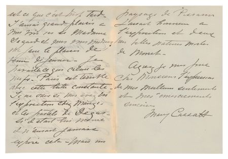 Lot #6004 Mary Cassatt Autograph Letter Signed, Referring to Works by Degas, Pissarro, and Monet - Image 2
