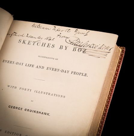 Lot #6085. Charles Dickens Signed Book - Sketches by Boz - Presented to a London Librarian